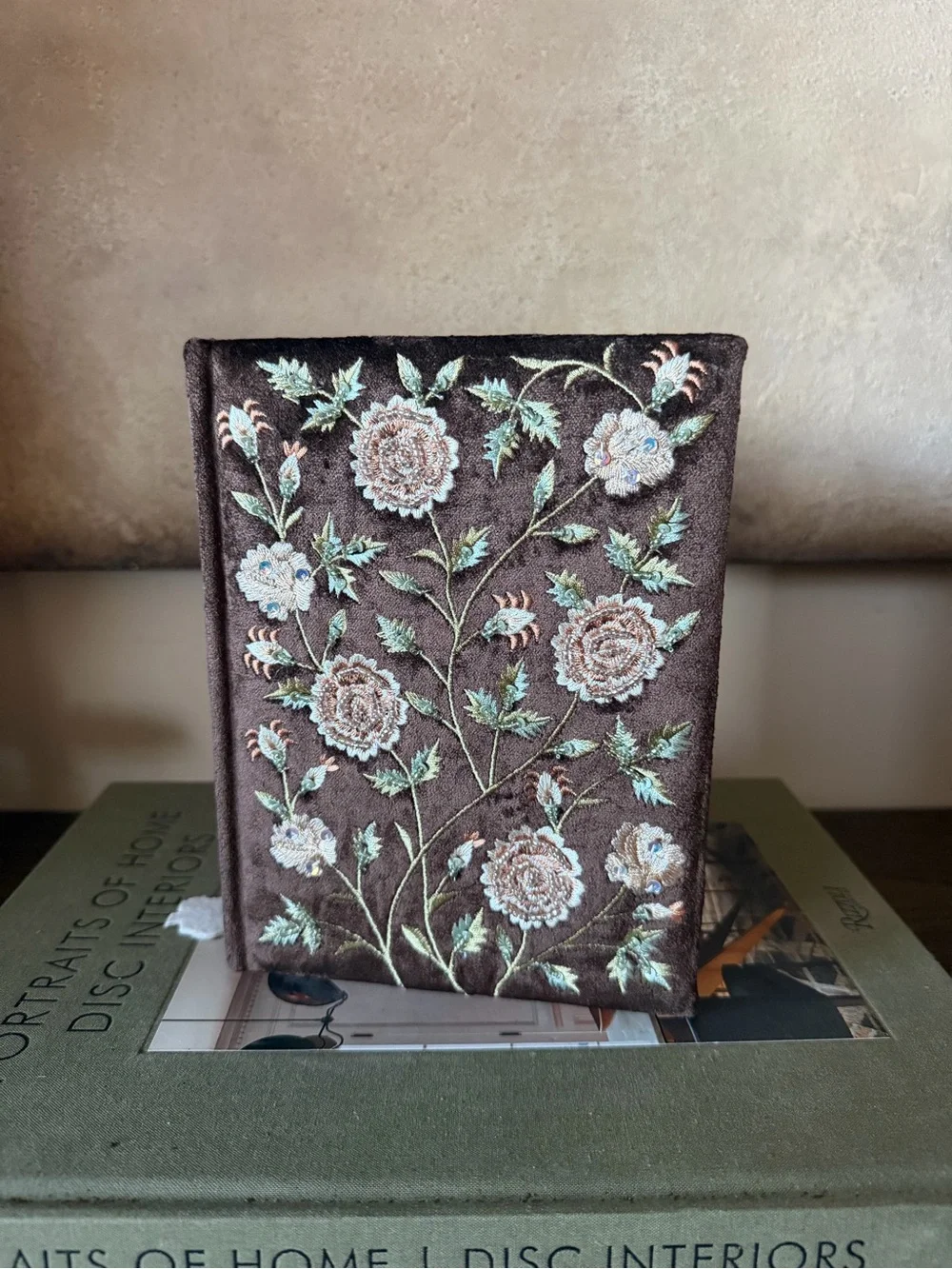 Embroidered Floral Velvet Journal - Brown with Pink Accents